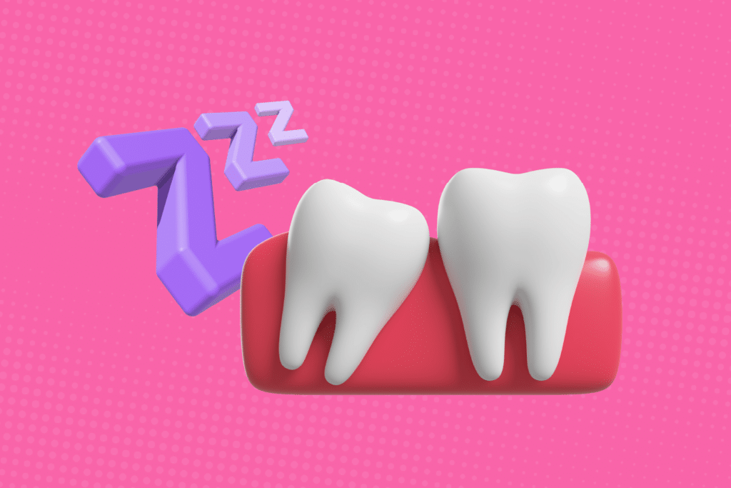 Ilustración 3D de dos muelas del juicio con letras z sobre fondo rosa para representar como dormir cuando te quitan las muelas del juicio