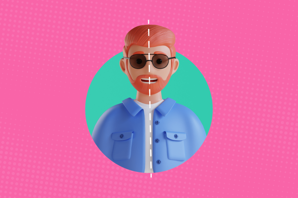 Ilustración 3D de un hombre sonriendo sobre un fondo rosa para ejemplificar como mejorar la asimetría facial con brackets