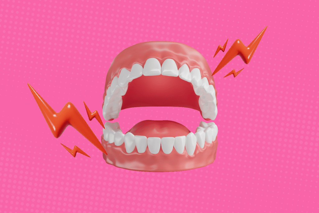 3D illustration of a set of teeth with two red rays on a pink background to represent whether it's normal to have trismus after a wisdom tooth extraction.