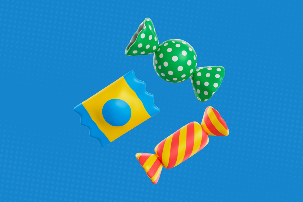 Ilustración 3D de dulces envueltos en papel de diversos colores sobre fondo azul para ejemplificar si se puede mascar chicle con brackets