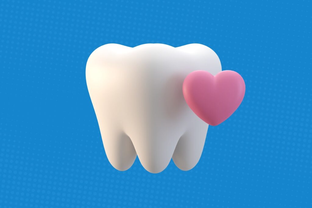 ilustracion 3d de un diente acompañado de una corazon para explicar cual es el tiempo de recuperacion de una endodoncia