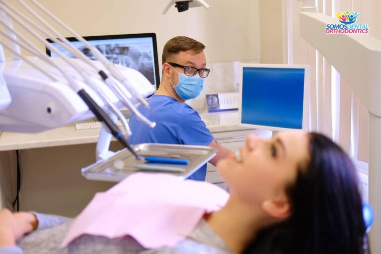 beauty-brunette-female-waiting-while-dentist-working-on-computer-dentistry-and-explaining-how-can-you-get-braces-the-dame-day-as-your-consultation