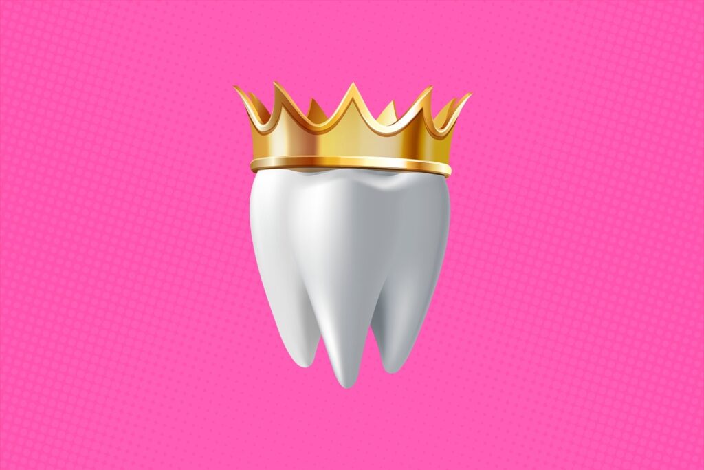 3D illustration of a tooth with a golden crown in front of a pink background to exemplify the dental crown after care