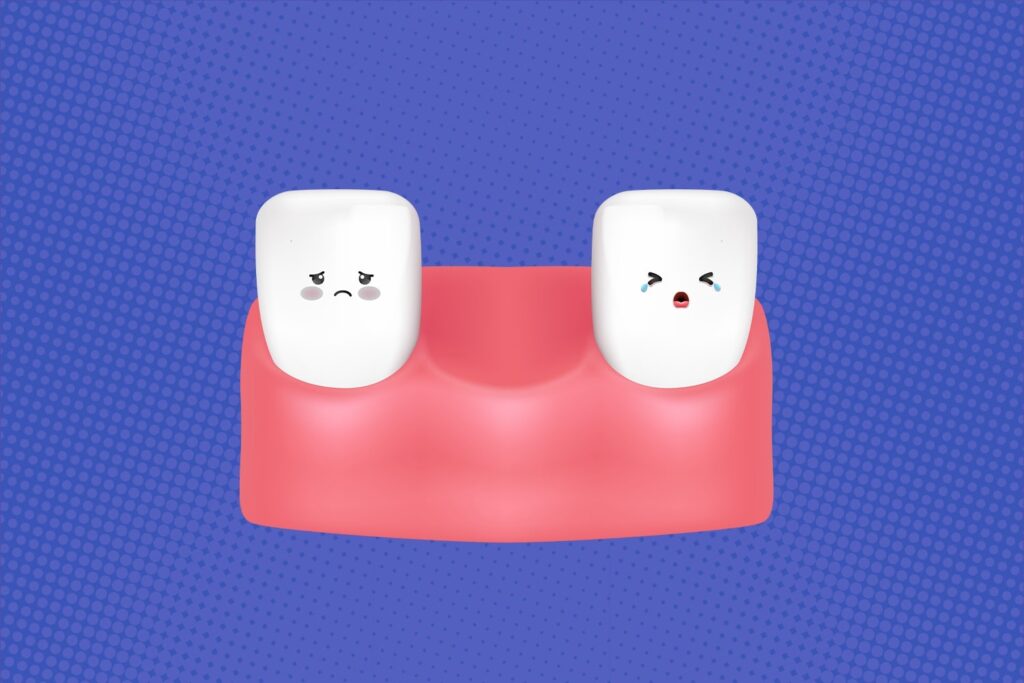 3D illustration of teeth with sore faces on a purple background to illustrate why do my other teeth hurt after wisdom tooth extraction