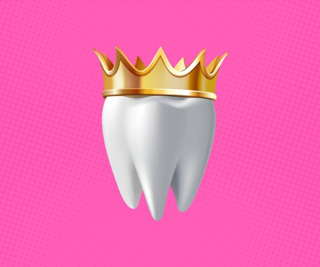 3D-illustration-of-a-tooth-with-a-golden-crown-in-front-of-a-pink-background-to-show-affordable-dental-crowns-in-phoenix-and-dallas
