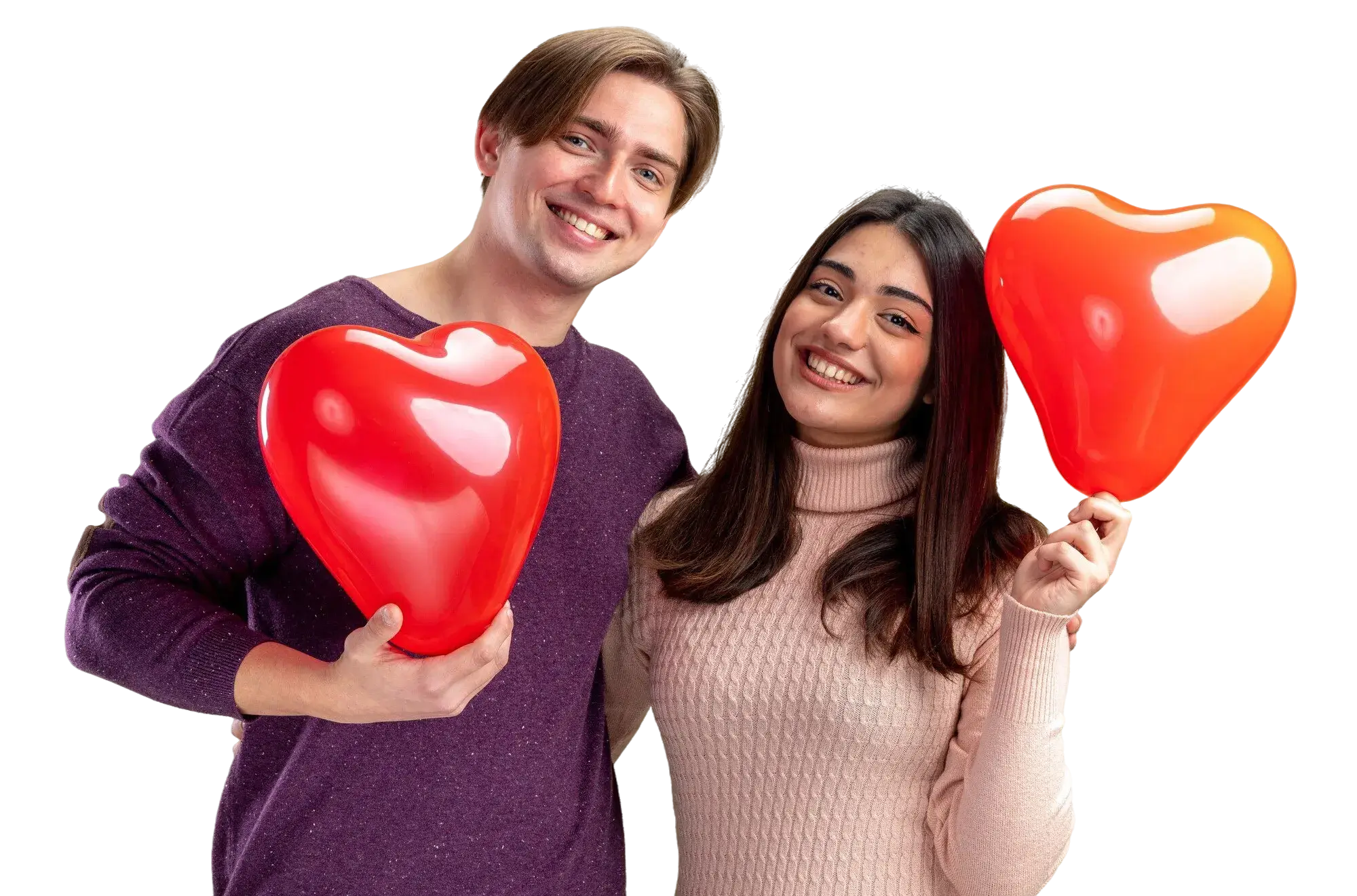 smiling looking camera young couple valentines day holding heart balloons