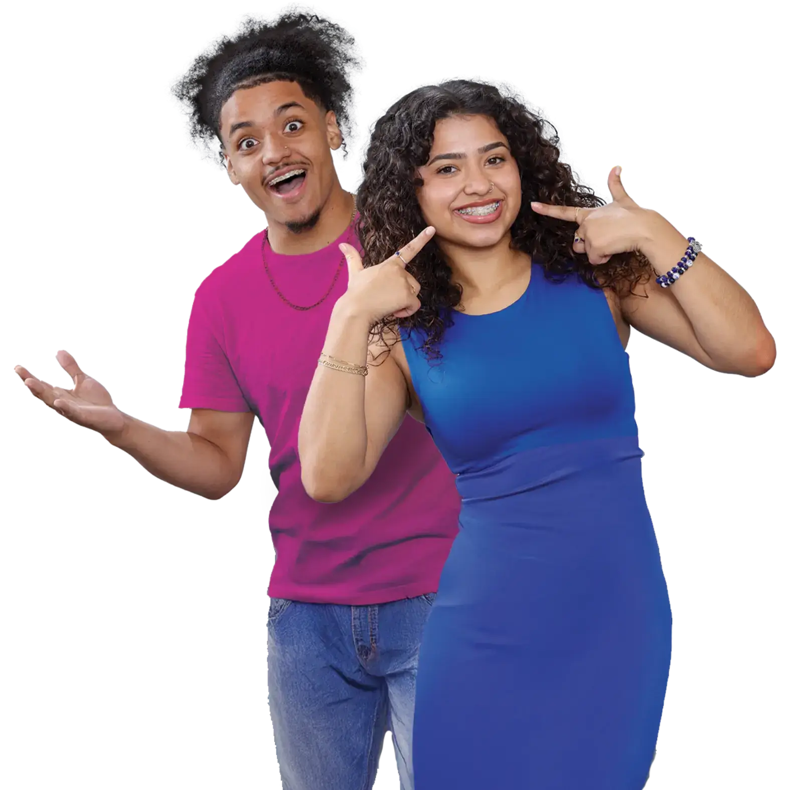 hispanic couple smiling with braces to the camera